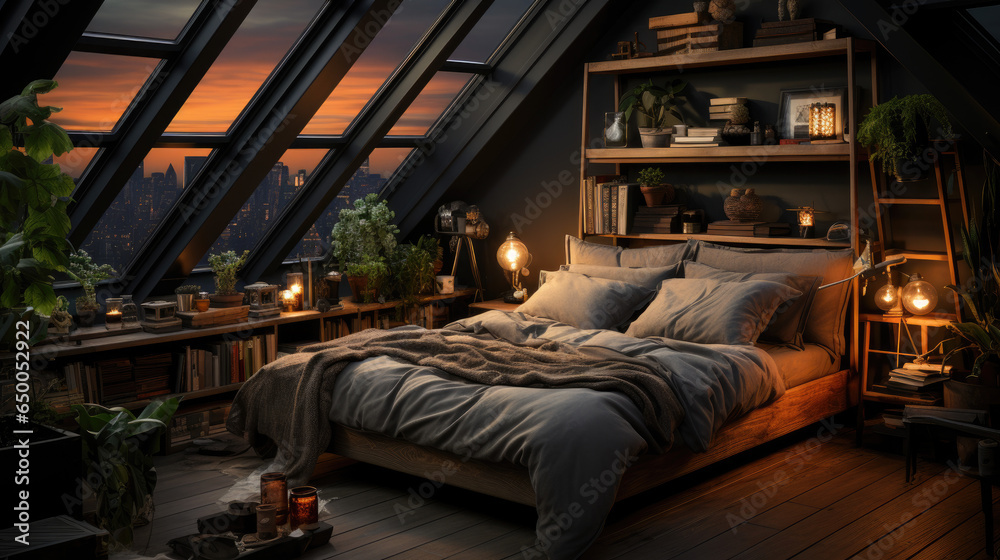 A bedroom with a loft design featuring a dark color scheme and a bedding set in soft pastel shades. The bed is messy, with a tray holding breakfast and a book. A bedroom with a loft design featuring a dark color scheme and a bedding set in soft pastel shades. The bed is messy, with a tray holding breakfast and a book.