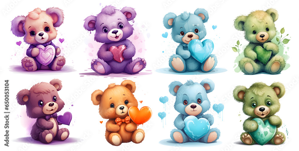 set of cute teddy bear with heart Sticker, Clipart, on transparent isolated background, generated ai