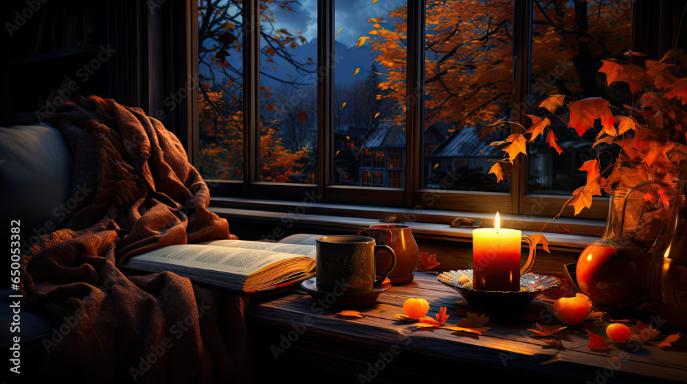 A cup of cocoa or hot chocolate adorned with marshmallows sits beside the window, accompanied by candles, pumpkins, a book, and a cozy blanket. This creates a welcoming and comfortable ambiance