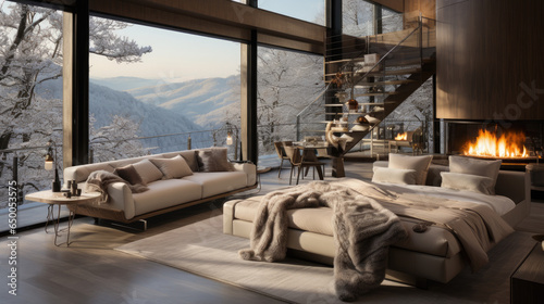A hotel resort bedroom with a view of a snowy winter scene. The interior design is modern and simple. The balcony has a fire to keep you warm as you enjoy the views of nature © Vahid