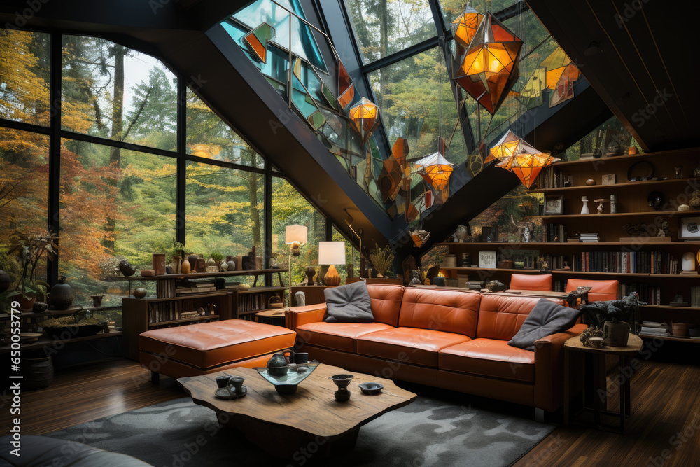 A living room with wooden walls and large windows A living room with wooden walls and large windows