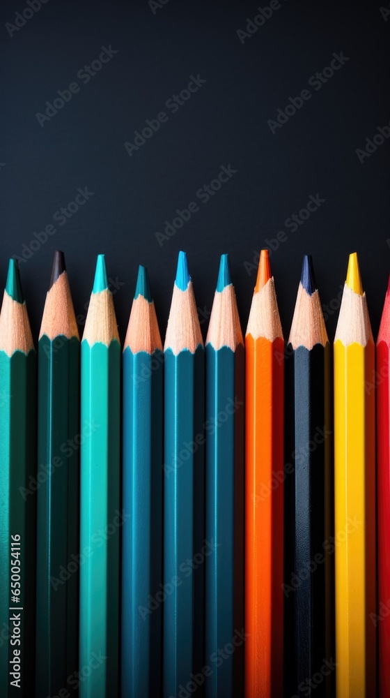 Vibrant Spectrum: Row of Colored Pencils on Minimal Background Vibrant Spectrum: Row of Colored Pencils on Minimal Background