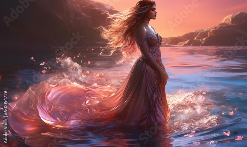Photo of a graceful woman in a flowing dress standing in the water