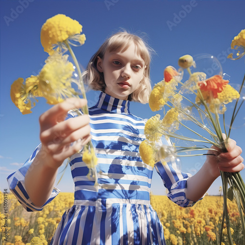 A teenage girl in a dress stands in a flower field and holds flowers in her hands.
