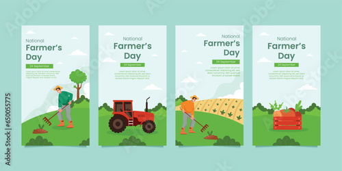 Banner for National Farmers Day - 23 December, Illustration of a farmer in a fruit field, as a template or poster, national farmers day on a blue background.