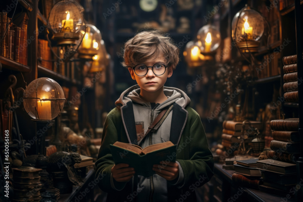 boy sitting with book in library by the bookshelves with many old books. Fairy tales. Vintage style - obrazy, fototapety, plakaty 