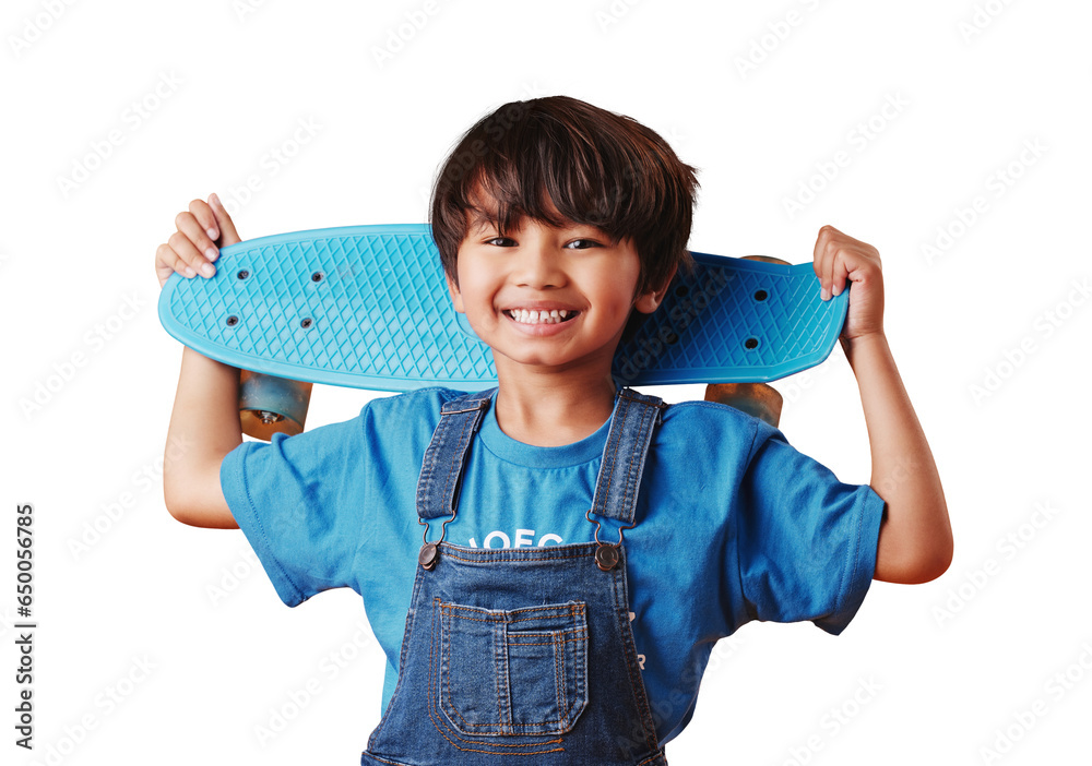 Skateboard, smile and portrait of boy child with casual, cool and ...