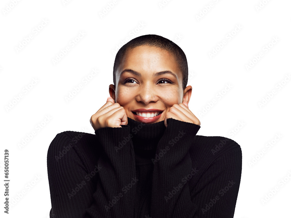 Smile, fashion and winter with a happy black woman isolated in a transparent background for style. Face, beauty and sweater with a young model on PNG looking cozy in a warm jersey for trendy attire Smile, fashion and winter with a happy black woman isolated in a transparent background for style. Face, beauty and sweater with a young model on PNG looking cozy in a warm jersey for trendy attire