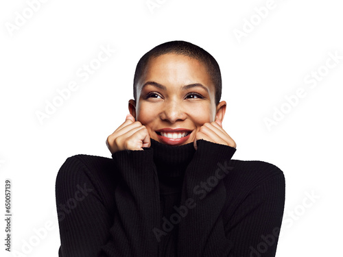 Smile, fashion and winter with a happy black woman isolated in a transparent background for style. Face, beauty and sweater with a young model on PNG looking cozy in a warm jersey for trendy attire