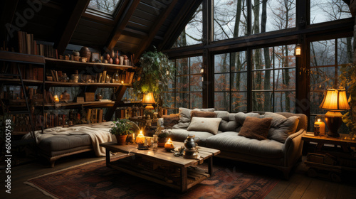 Cozy rustic winter cabin interior.