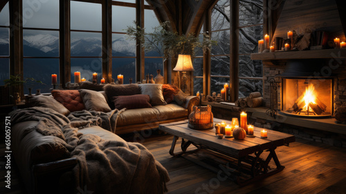 Cozy rustic winter cabin interior.