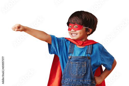 Superhero mask, fly and child smile for pretend character, having fun and imagine fantasy, comic hero or crime safety. Cape costume, fearless courage or kid flight pose on transparent, png background