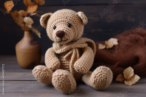 adorable handcrafted teddy bear made with crochet knitting. Generative AI