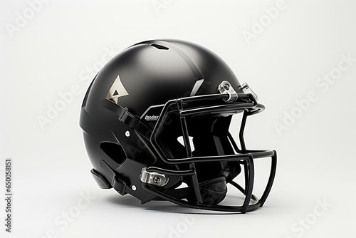 A white background showcasing a 3D mockup of a black football helmet. Generative AI