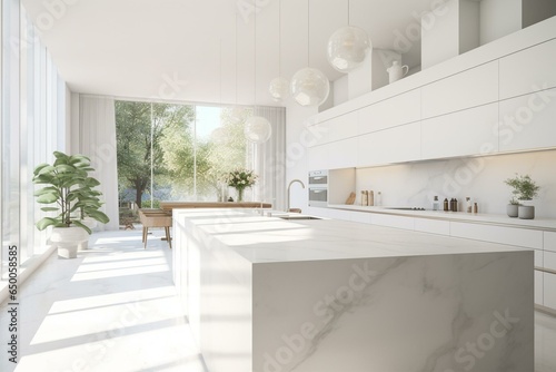 Blurred white kitchen with white marble islands countertop and empty space. Generative AI