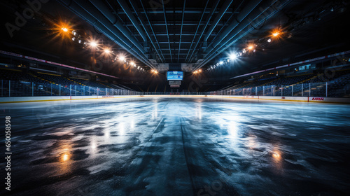Hockey stadium, empty sports arena with ice rink, cold background with bright lighting