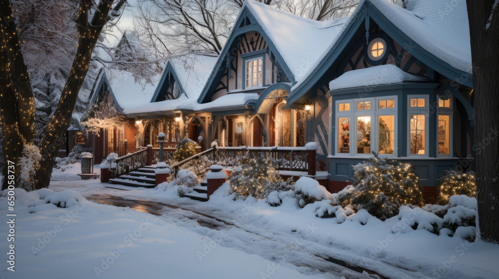 Snowy Christmas Decorations on a Home’s Exterior