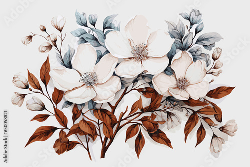 White flowers magnolia  watercolor floral clip art. Perfectly for printing design on invitation  card  wall art and other. Isolated on white background.