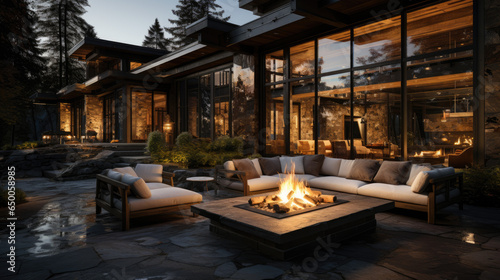 In the evening, the exterior of the beautiful chalet cider home is enhanced with new outdoor furniture designed specifically for this space.
