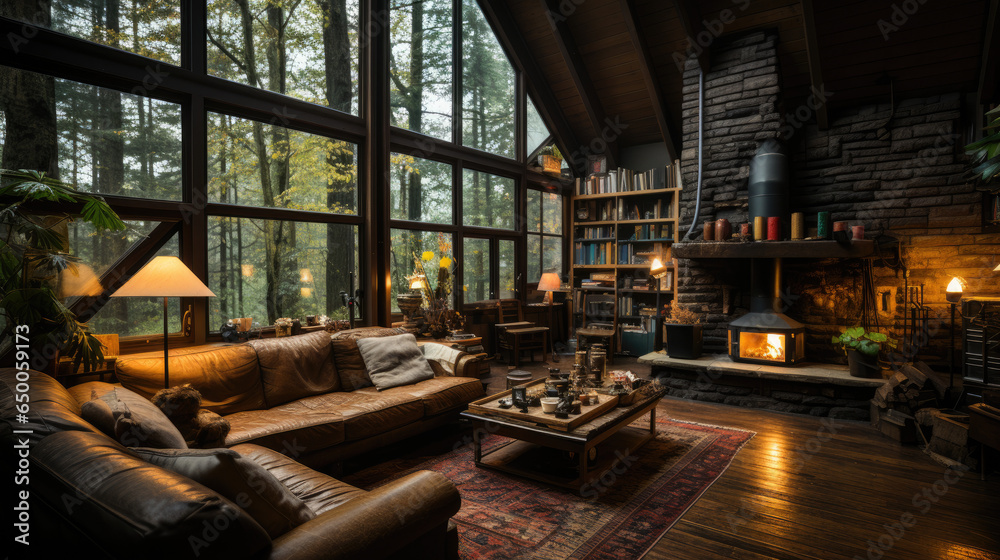 A cozy rustic cabin with charming furniture
