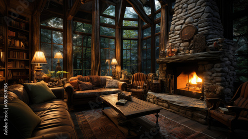 A cozy rustic cabin with charming furniture 