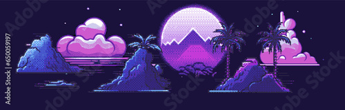 Synthwave retro background with palm trees and sun in pixel art style.