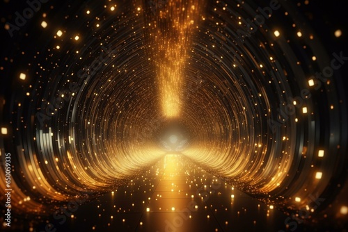 Fototapeta Gold tunnel with digital particles, lines and twists for events. 3D render. Generative AI
