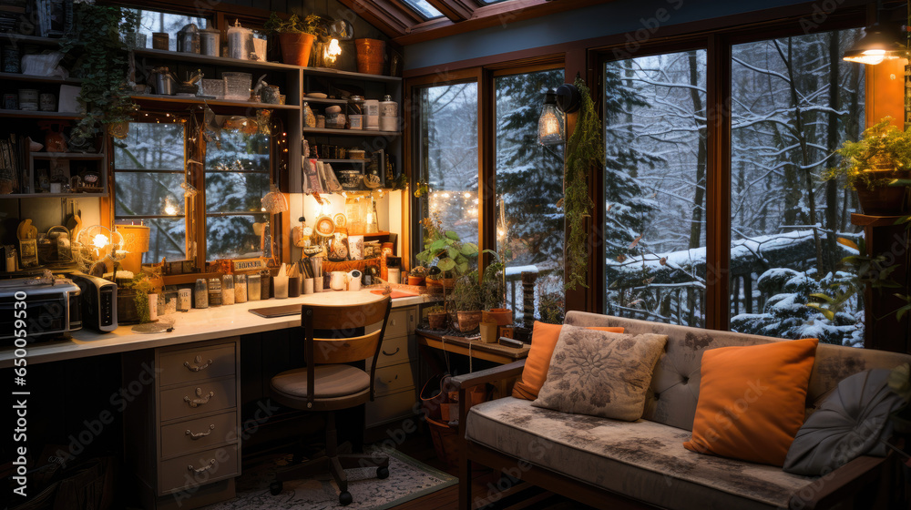 interior of a tiny house on a snowy winter day