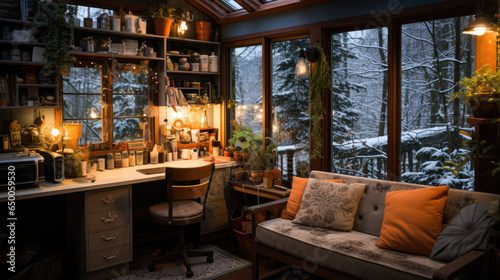 interior of a tiny house on a snowy winter day