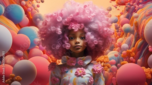 A little girl with a pink wig standing in a field of balloons