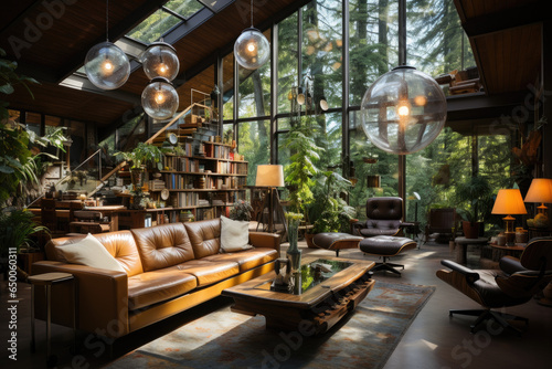 Mid-century living room with wooden walls