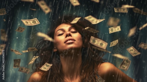 Attractive young woman success concept, money rain, Generative ai © Deep Ai Generation