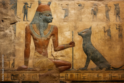 Egyptian Tomb Art: King, Cat, and Hieroglyphics photo