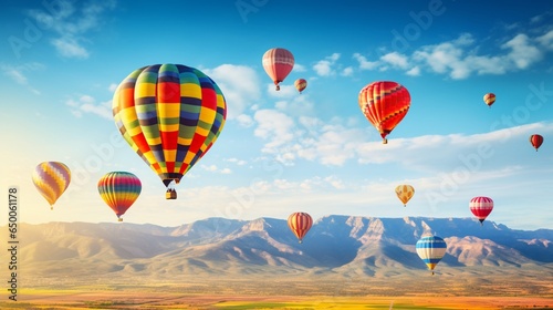 a hot air balloon festival, with colorful balloons floating gracefully against a backdrop of clear blue skies and distant mountains