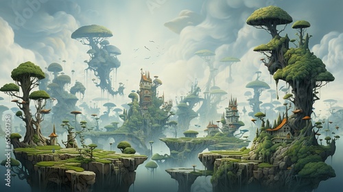 a surreal dreamscape, where floating islands, surreal creatures, and whimsical plants coexist in harmony