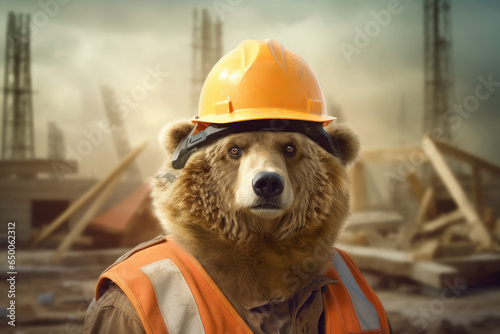 Portrait of a bear in a hardhat at a construction site