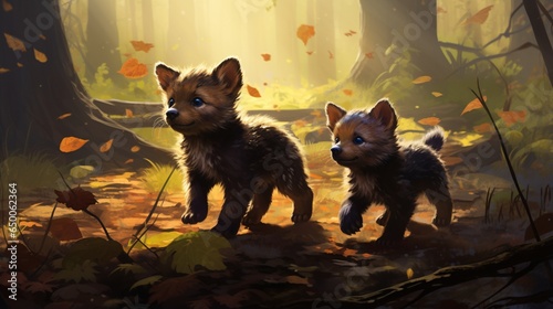 animal cubs exploring a tranquil forest glade, where the rustling leaves and dappled sunlight create a magical ambiance © ra0