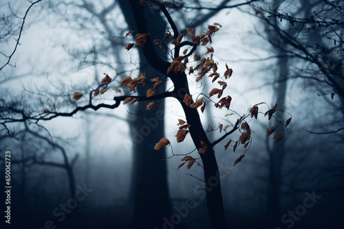 Trockenes Laub hängt an Baum in einem dunklen Nebelwald