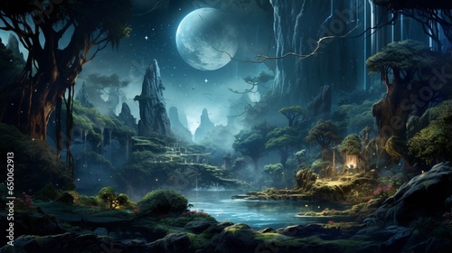 landscape filled with mystical creatures, magical forests, and cascading waterfalls under the light of a radiant moon