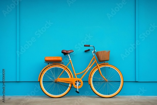 Bicycle with vibrant orange rims against a blue backdrop. Generative AI