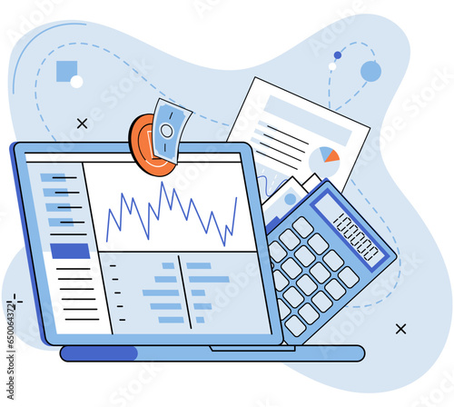 Investment analysis, financial planning, data exploration, business concept for strategic marketing with chart and graph on report, money and accounting document. Examination of income statement