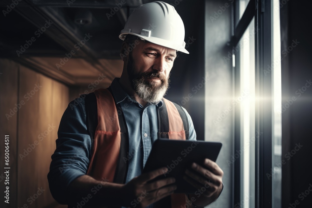 cropped shot of a contractor using a digital tablet while working at his workplace cropped shot of a contractor using a digital tablet while working at his workplace