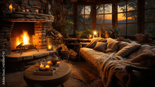 photo of a cozy fireplace with stonewall 
