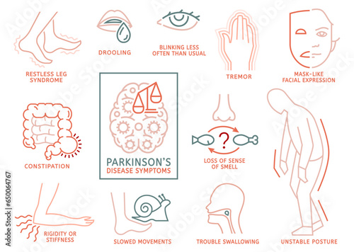 Parkinsons disease symptoms. Medical infographic with linear icons.