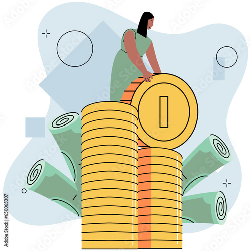Wealthy woman stands on pile of gold coins. Business character with money. Happy successfull employee with mountain of coins, standing by banknotes and big stack of cash. Financial well-being