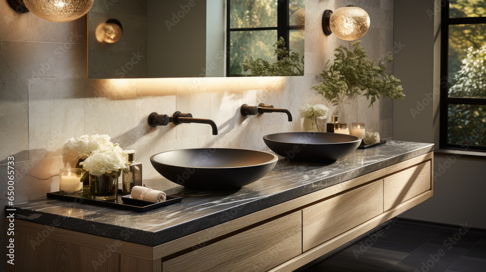 Φωτογραφία The bathroom boasts an exquisite design featuring a white oak vanity, a marble countertop, elegant golden fixtures, and a sleek circular mirror in black