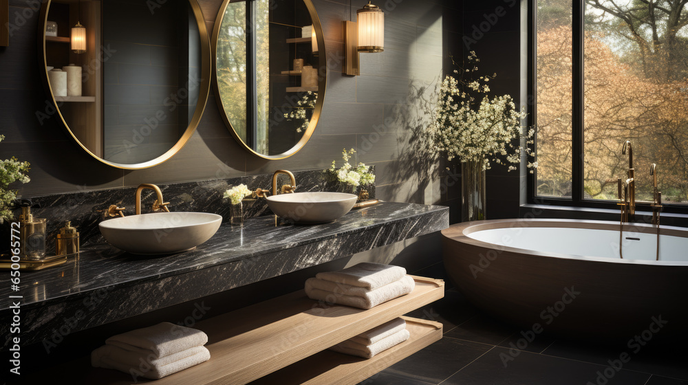 Φωτογραφία The bathroom boasts an exquisite design featuring a white oak vanity, a marble countertop, elegant golden fixtures, and a sleek circular mirror in black