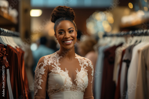African beautiful woman trying on a dress in a wedding fashion salon