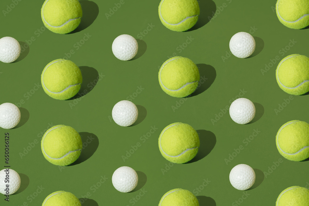 Tennis and golf ball on a green background. Pattern.