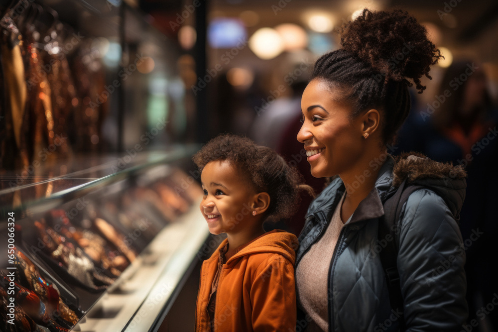 Young african mother with child daughter buying clothes in mall Young african mother with child daughter buying clothes in mall